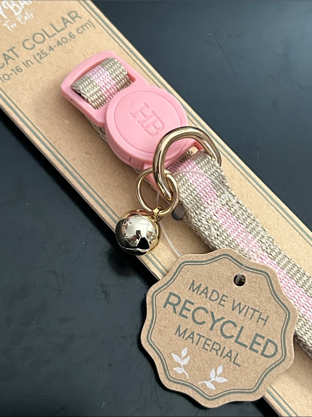 Harry Barker Pink & Beige Striped Cat Collar with Gold Bell